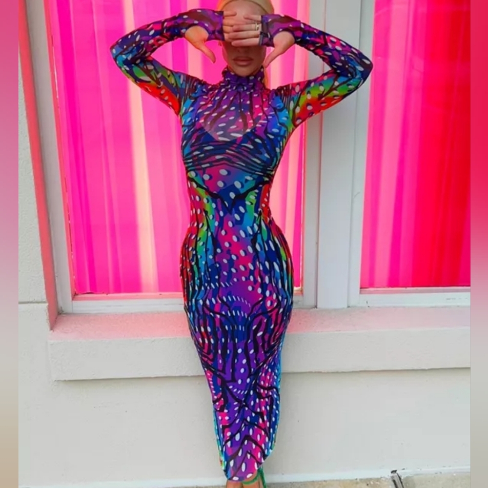 AFRM Rosanna Mesh Midi Dress Abstract Multi Zebra Sheer Size S